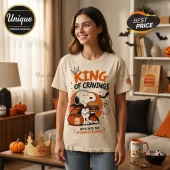 Burger King x Snoopy Home of the Whopper Halloween T-Shirt featuring Snoopy in a cape holding a burger with text.