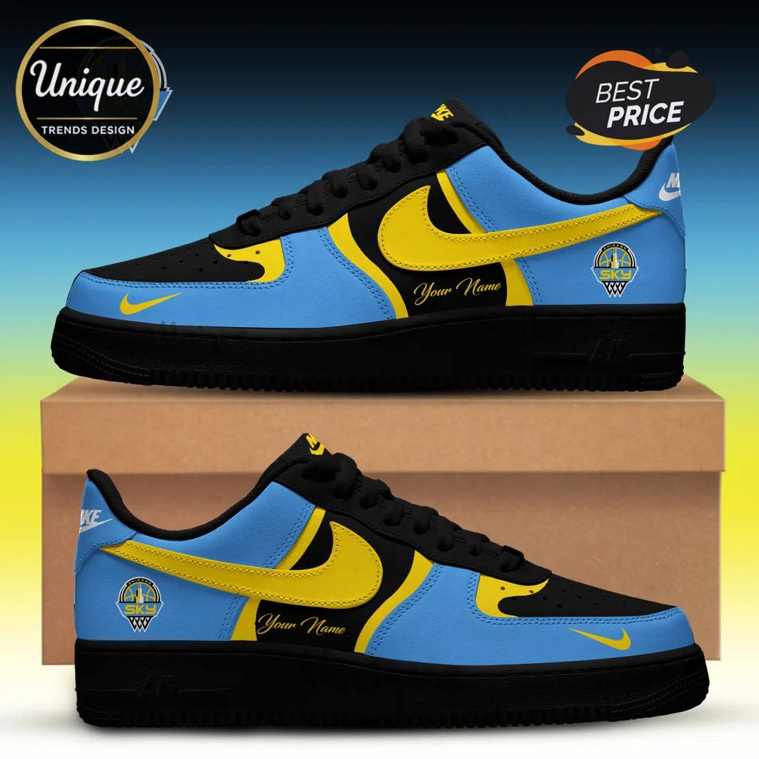 Chicago Sky WNBA Black and Blue Custom Air Force 1 Sneakers Chicago Sky WNBA Black and Blue Custom Air Force 1 Sneakers