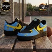 Custom Nike Air Force 1 sneakers in black, sky blue, and yellow with Sky basketball logo and Your Name text on side panel.!