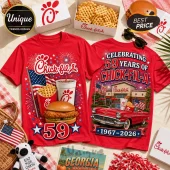 Chick-fil-A 59th anniversary red cotton t-shirt with graphics of American flags, waffle fries, and a classic red car.!
