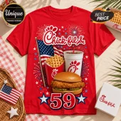 Red cotton t-shirt featuring Chick-fil-A logo, fried chicken sandwich, waffle fries, American flag, and the number 59.!