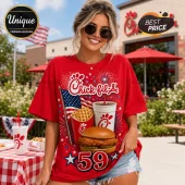 Woman wearing red t-shirt with Chick-fil-A logo, American flag, waffle fries, sandwich, soda, and number 59 graphic print.!