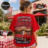 Red graphic t-shirt featuring a vintage car, Chick-fil-A restaurant, and text Celebrating 59 Years of Chick-fil-A 1967-2026.!
