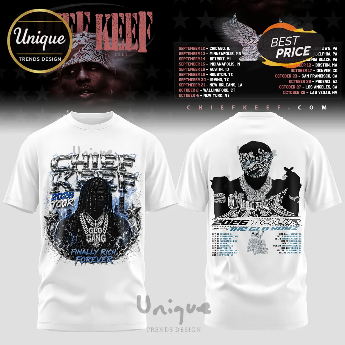 Chief Keef 2026 Tour Finally Rich Forever White T-Shirt Chief Keef 2026 Tour Finally Rich Forever White T-Shirt