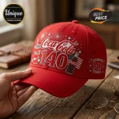 Coca Cola 140th Anniversary red baseball cap featuring white anniversary text, bottle graphic, and firework accents.