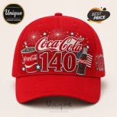 Coca Cola 140th Anniversary red baseball cap featuring vintage soda graphics, fireworks, and patriotic star accents.