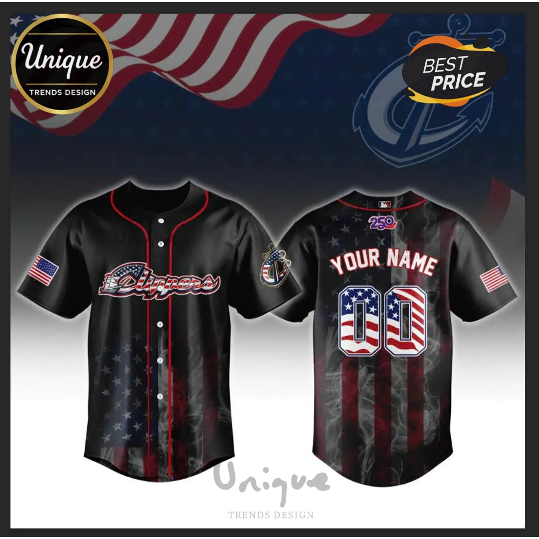 Columbus Clippers USA 250th Anniversary Personalized Baseball Jersey Columbus Clippers USA 250th Anniversary Personalized Baseball Jersey