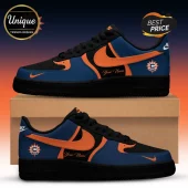 Custom sneakers featuring black, blue, and orange panels with a basketball team logo and customizable name placement.!