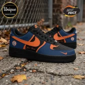 Custom Nike Air Force 1 sneakers in black, blue, and orange with a Phoenix-style logo and customizable name script.!