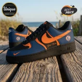 Custom Nike Air Force 1 sneakers in blue, orange, and black with Phoenix Suns inspired logo and personalized name text.!