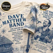Dave Matthews Band Blue Coastal T-Shirt 2026 featuring blue nautical illustrations, guitar graphics, and song titles.