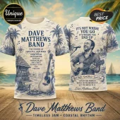Dave Matthews Band Coastal Blue T-Shirt featuring acoustic guitar, beach scenery, song titles, and blue ink illustrations.