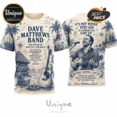 Dave Matthews Band Coastal Blue T-Shirt featuring a blue nautical print, acoustic guitar, palms, and song lyrics.