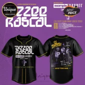 Dizzee Rascal black baseball jersey with yellow trim, featuring tour graphics, microphone photo, and We Want Bass 2026 text.!