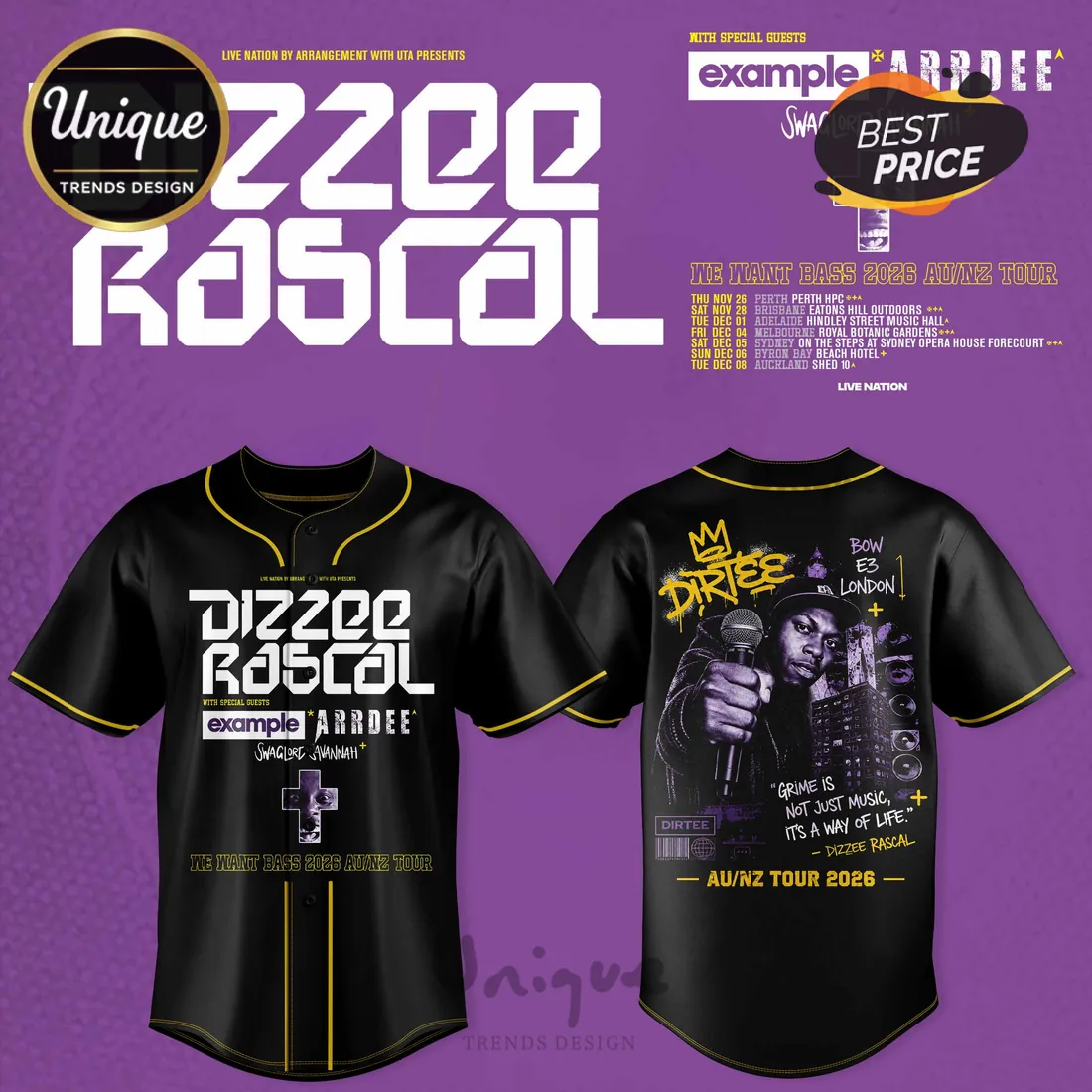 Dizzee Rascal We Want Bass 2026 Black Music Tour Baseball Jersey Dizzee Rascal We Want Bass 2026 Black Music Tour Baseball Jersey
