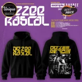 Black hoodie with yellow Dizzee Rascal logo on front and concert photo with graffiti graphics on the back.!
