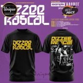 Black graphic t-shirt featuring yellow Dizzee Rascal text on the front and a tour photograph on the back.!