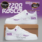 Custom white sneakers featuring purple Dizzee Rascal tour branding, a cross icon, and personalized name text.!