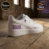 Custom white leather sneaker featuring purple Dizzee Rascal branding, a cross icon, and personalized name text.!