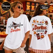 White oversized t-shirt featuring Doritos logo on front and Doritos-themed graphic with snack illustrations on the back.!