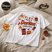 White cotton t-shirt featuring a Doritos graphic with chips, salsa, chili peppers, and text I have a Doritos addiction.!