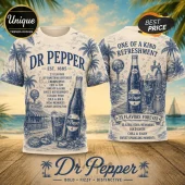 Dr Pepper Vintage Logo Blue Limited Edition T-Shirt featuring nautical palm tree graphics, soda bottles, and brand text.