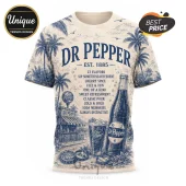 Dr Pepper Vintage Logo Blue Limited Edition T-Shirt featuring a graphic of palm trees, a soda bottle, and a retro stand.