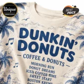 Dunkin Donuts Coffee and Donuts Limited Edition T-Shirt in cream with blue nautical palm tree and typography print.