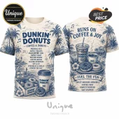 Dunkin Donuts Coffee and Donuts Limited Edition T-Shirt featuring blue tropical illustrations on a cream background.