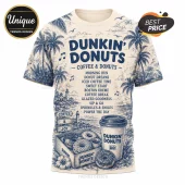 Dunkin Donuts Coffee and Donuts Limited Edition T-Shirt featuring blue ink illustrations of palm trees, donuts, and coffee.
