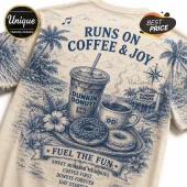 Dunkin Donuts Coffee and Donuts Limited Edition T-Shirt featuring a beige fabric with vintage blue coastal graphics.