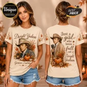 Dwight Yoakam Autumn Pumpkin T-Shirt featuring a country singer portrait, orange leaves, pumpkins, and fall text motifs.