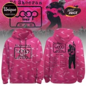 Hot pink Ed Sheeran Loop tour hoodie featuring a cassette tape graphic on the front and North America 2026 tour dates back.!