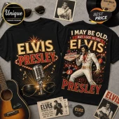 Elvis Presley Vintage Las Vegas Concert T-Shirt featuring a microphone, gold lettering, and a jumpsuit graphic on black.