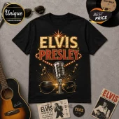 Elvis Presley Vintage Las Vegas Concert T-Shirt featuring a marquee sign, vintage microphone, and gold aviator sunglasses.