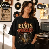 Elvis Presley Vintage Las Vegas Concert T-Shirt featuring a marquee light graphic, a microphone, and aviator sunglasses.