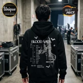 Black hoodie with white Blood Saga tour dates, gothic castle graphic, and bats printed on the back.!