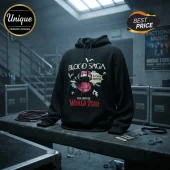 Black cotton hoodie featuring a red mouth, fangs, and Blood Saga text with 2026 Enhypen World Tour graphics on front.!