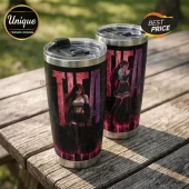 Final Fantasy VII Tifa Lockhart stainless steel tumbler with black finish, pink typography, and character graphic.