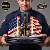 Firefighter Memorial Acrylic Plaque featuring a kneeling firefighter, American flags, and Twin Towers monument silhouette.
