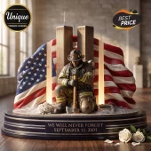 Firefighter Memorial Acrylic Plaque featuring a kneeling firefighter, the Twin Towers, and an American flag background.