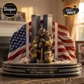 Firefighter Memorial Acrylic Plaque featuring a kneeling first responder, Twin Towers silhouette, and American flag backdrop.