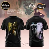 Black cotton t-shirt featuring FKJ concert tour graphics on front and back with Australian tour dates and artist image.!