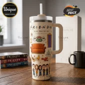 Cream-colored stainless steel tumbler with Friends TV show graphics, including Central Perk logo, couch, and character art.!