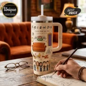Cream-colored stainless steel tumbler featuring Friends TV show icons, Central Perk logo, and character illustrations.!