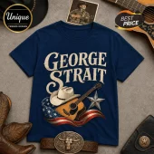 George Strait 9-11 Memorial Patriotic T-Shirt featuring a cowboy hat, acoustic guitar, and US flag graphic on navy blue.