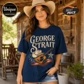George Strait 9-11 Memorial Patriotic T-Shirt featuring a cowboy hat, acoustic guitar, and American flag graphic.