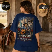 George Strait 9-11 Memorial Patriotic T-Shirt featuring a graphic of the singer, eagle, Statue of Liberty, and Twin Towers.