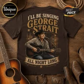 George Strait All Night Long brown t-shirt featuring a graphic of the singer with a guitar and Western typography.