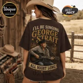 George Strait All Night Long brown t-shirt featuring a back graphic of the country singer performing with a guitar.
